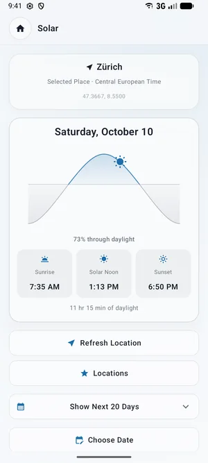 Baha’i Light on an Android phone, showing sunrise, solar noon and sunset for Zürich.