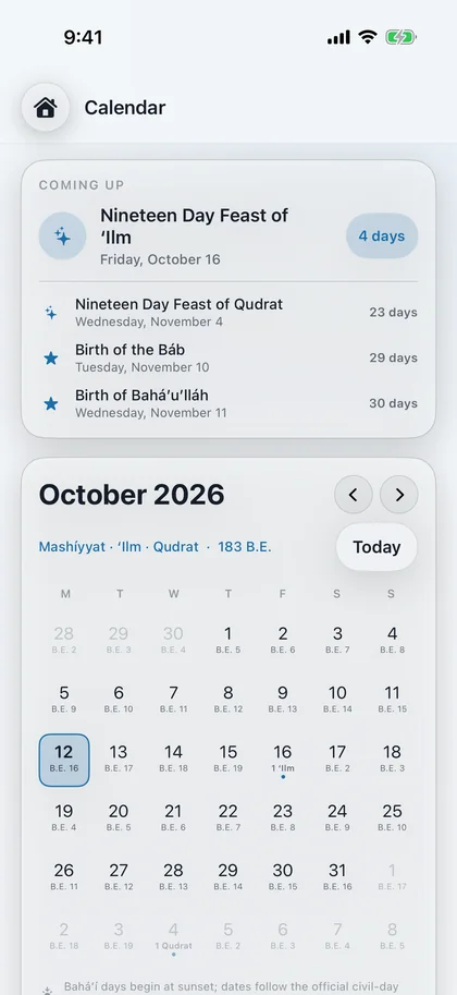 The calendar for October 2026, each Gregorian day paired with its Badí‘ date, below a Coming Up card counting down to the Nineteen Day Feast of ‘Ilm.