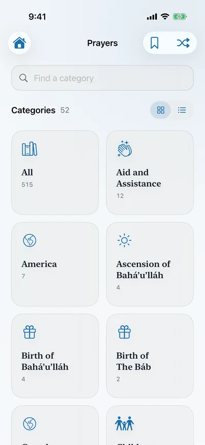 Prayers arranged in categories, from All to Aid and Assistance and the Holy Days.
