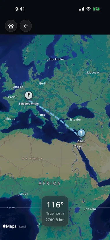 iPhone showing a map with the great-circle line from Zürich to the Qiblih, 116 degrees from true north.