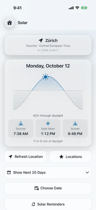 Solar in daylight for Zürich: the sun on its arc above the horizon, with sunrise at 7:38 AM, solar noon at 1:12 PM and sunset at 6:46 PM.