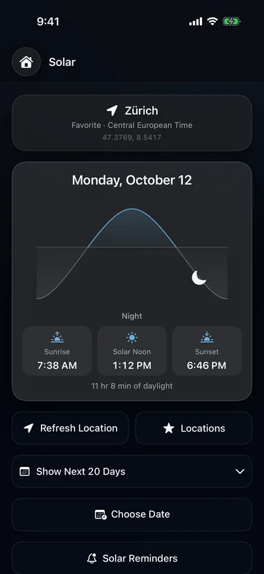 Solar at night for Zürich: a crescent moon below the horizon on the same path.
