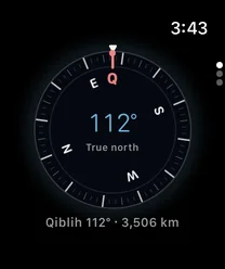 Apple Watch showing the Qiblih compass aligned at 112 degrees from London, 3,506 kilometres away.
