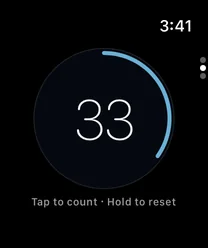 The Qiblih app on Apple Watch, showing the 95 counter at 33.